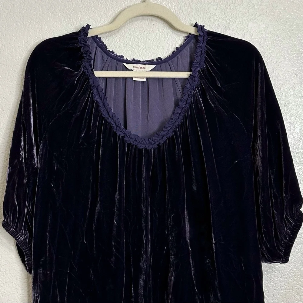 Sundance Silk Blend Velvet Deep Purple Balloon Sleeves Tunic Top, Sz Medium